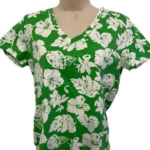 Chaps Green and White Floral Cotton Short Sleeve Top. Size Medium